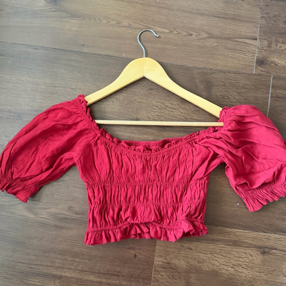 Red Smocked Off-Shoulder Crop Top